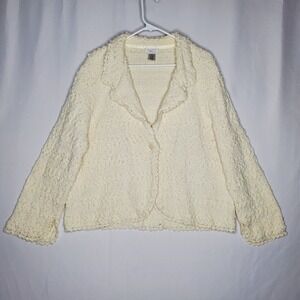 Laura Ashley Cardigan Sweater 2X Cream Popcorn Knit Crochet Trim 1-Button Collar
